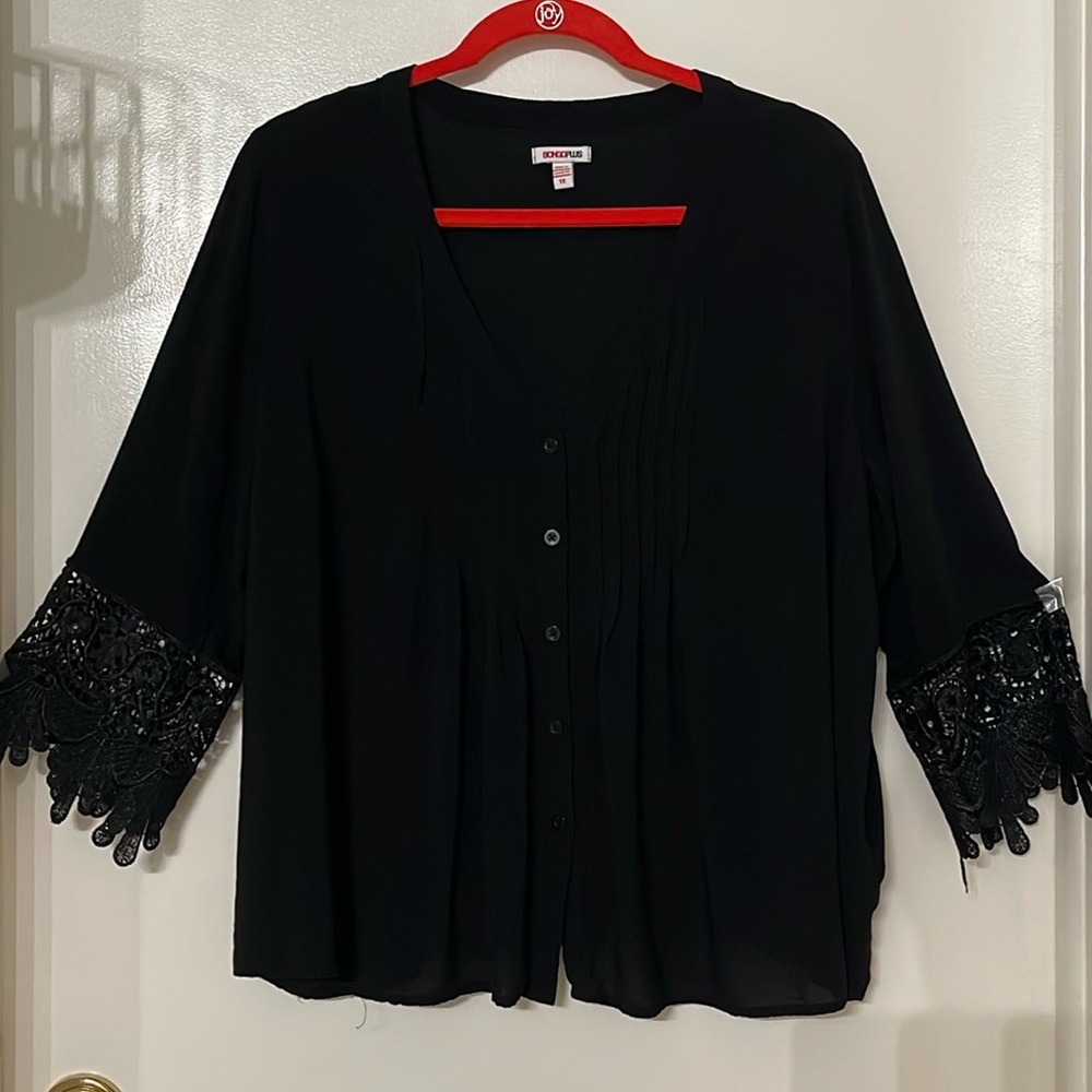 BONGO PLUS SIZE 1X BLOUSE TOP WOMEN BLACK BUTTON UP SHIRT CROCHETED FLARE SLEEVE
